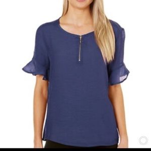 BRAND NEW WITH TAGS HARVE BENARD Navy with Gold zipper Blouse Lightweight